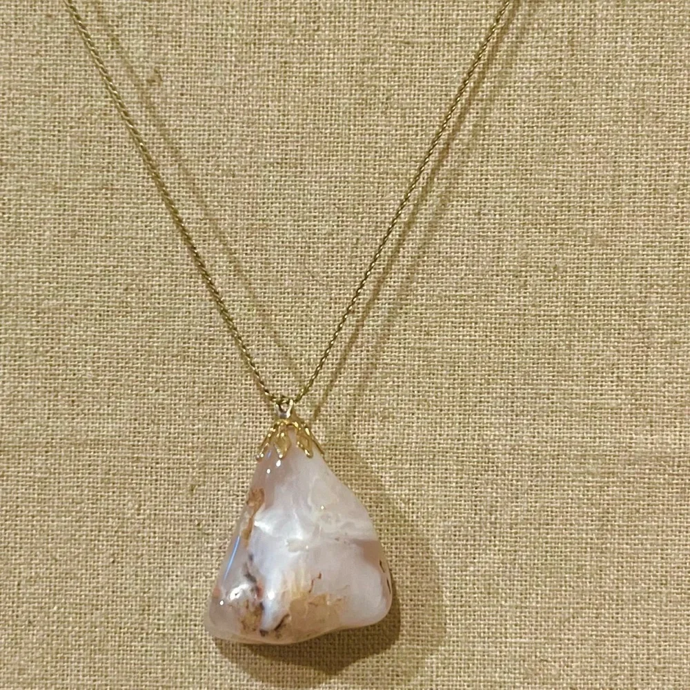 Flower Agate Smooth Stone Pendant on Delicate Gold Chain - Picture 5 of 7